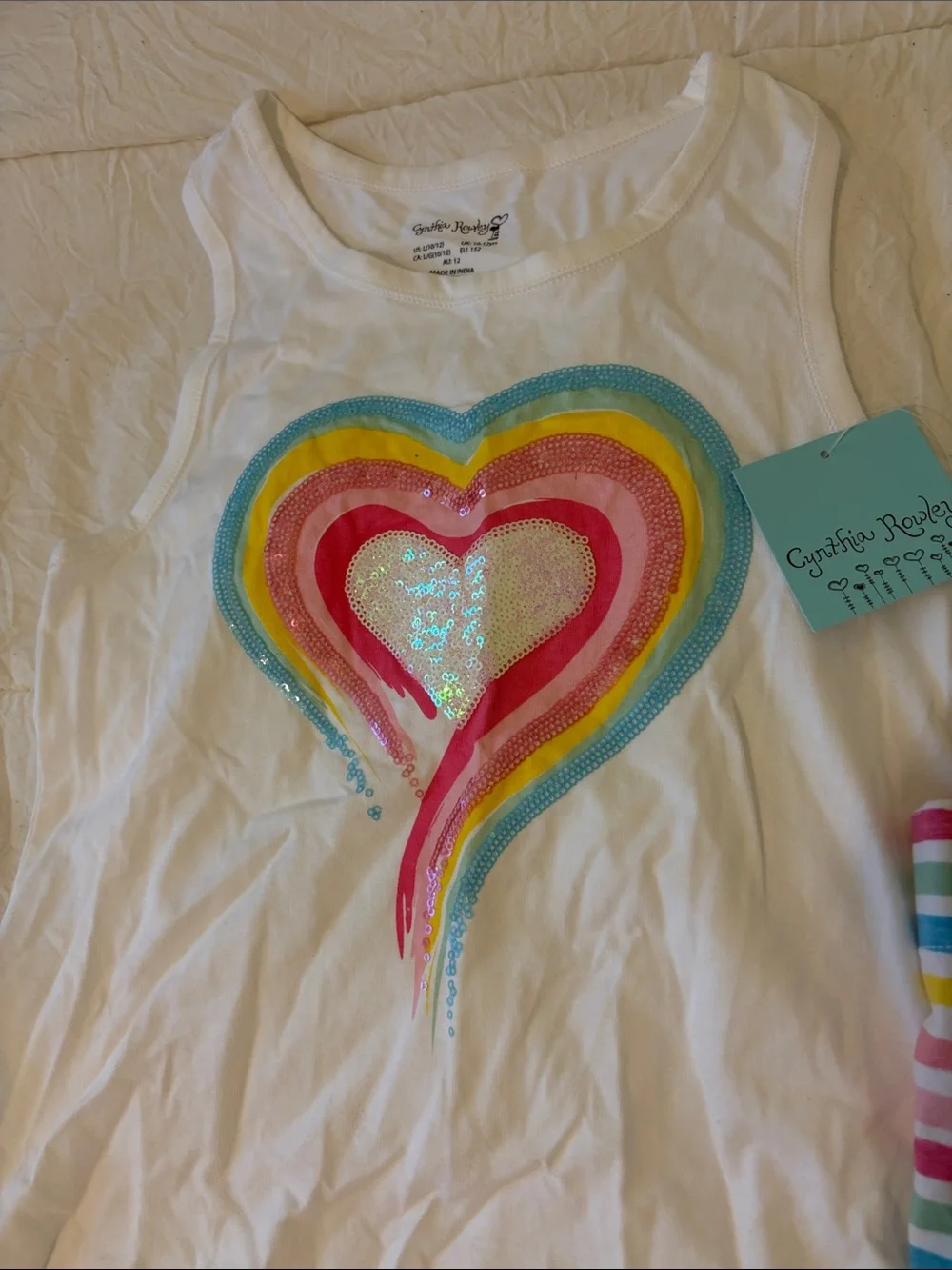 Girls White Fringe Tank Top & Rainbow Stripe Shorts Set